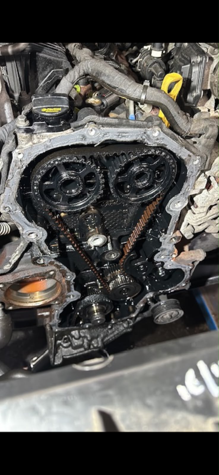 Exposed engine timing chain and sprockets during repair work